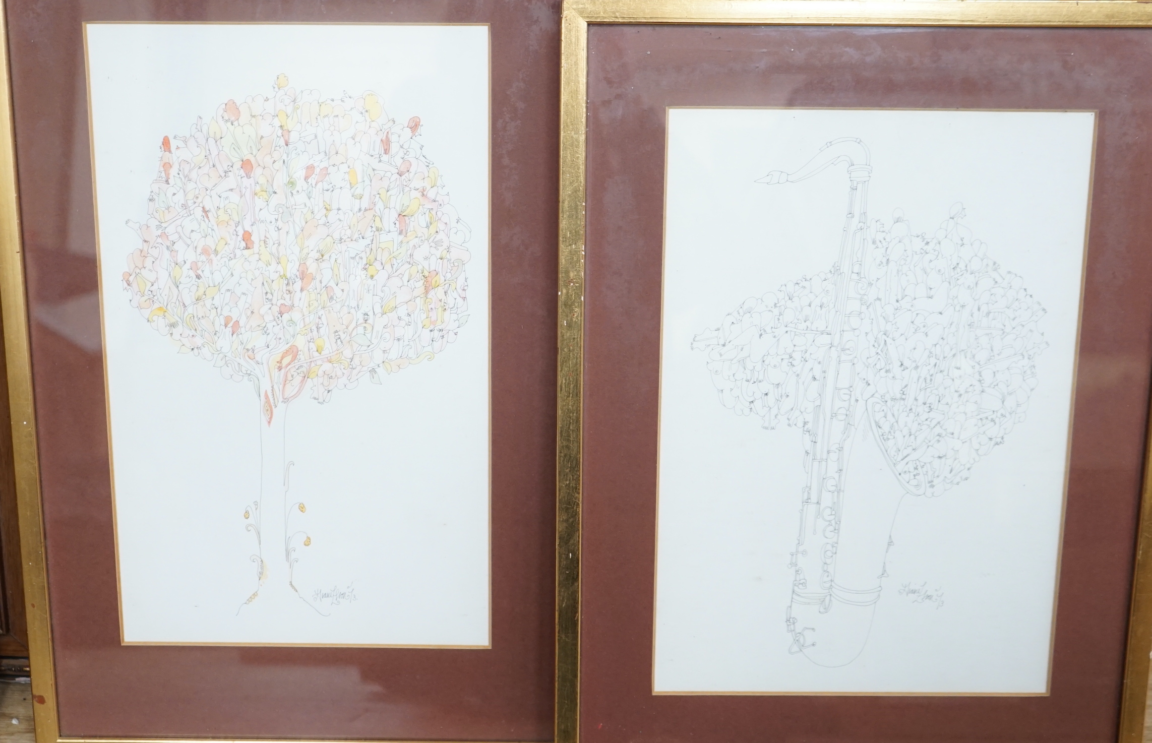 Diane Elson (b. 1953), two ink and washes, Surreal compositions, tree and trumpet, each signed and dated '73, largest 38 x 22cm